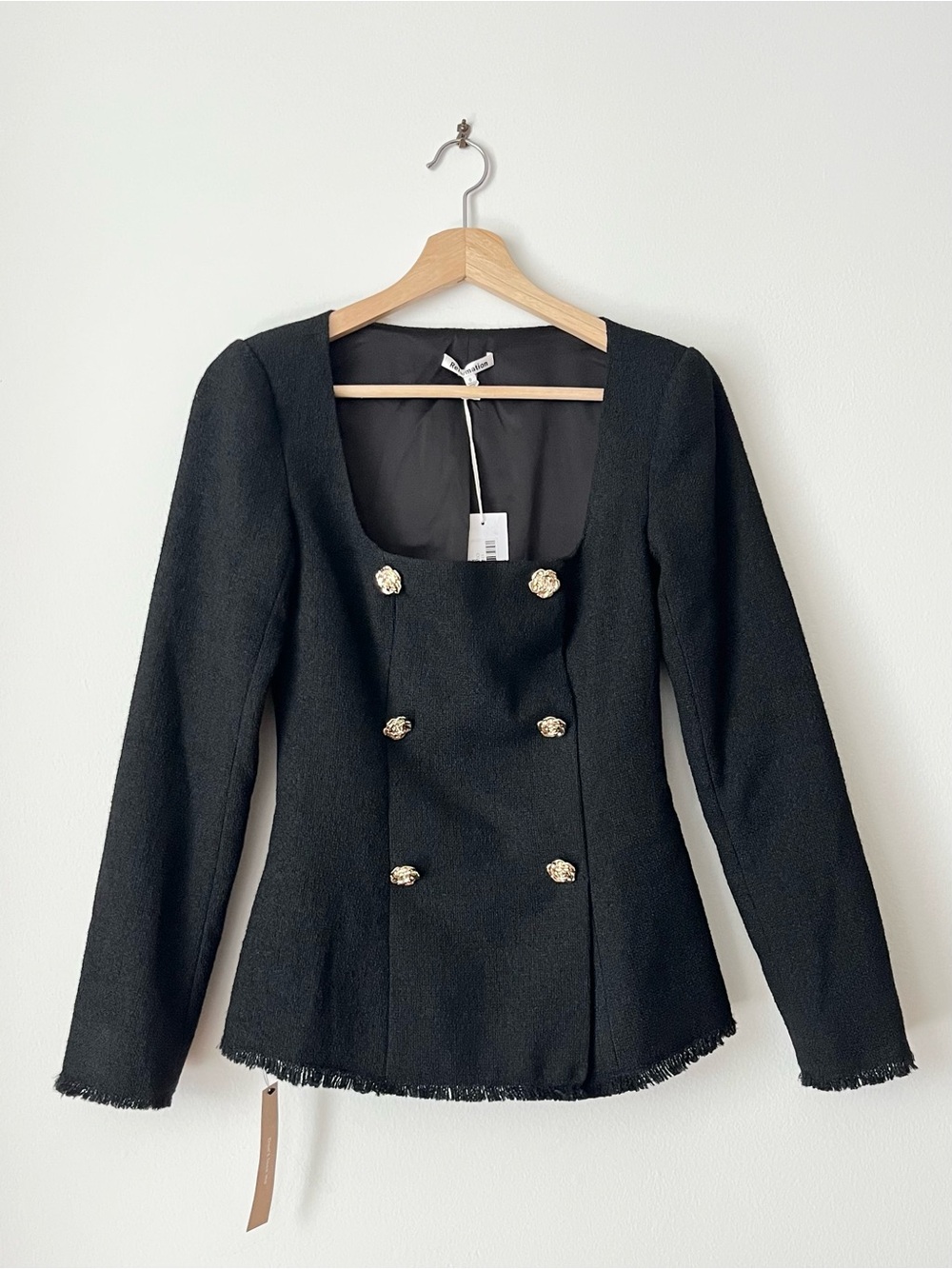 NWT Reformation Women's Colleen Top Black Boucle Size 0 Gold Buttons Elegant